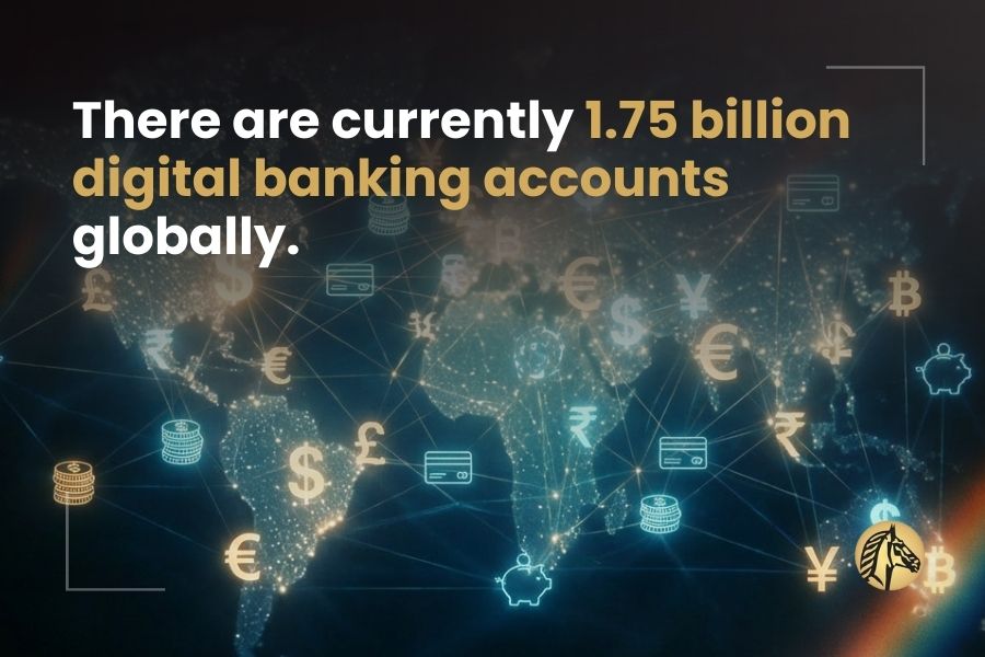 Global map with currency symbols and financial icons highlighting the growth of digital banking accounts worldwide