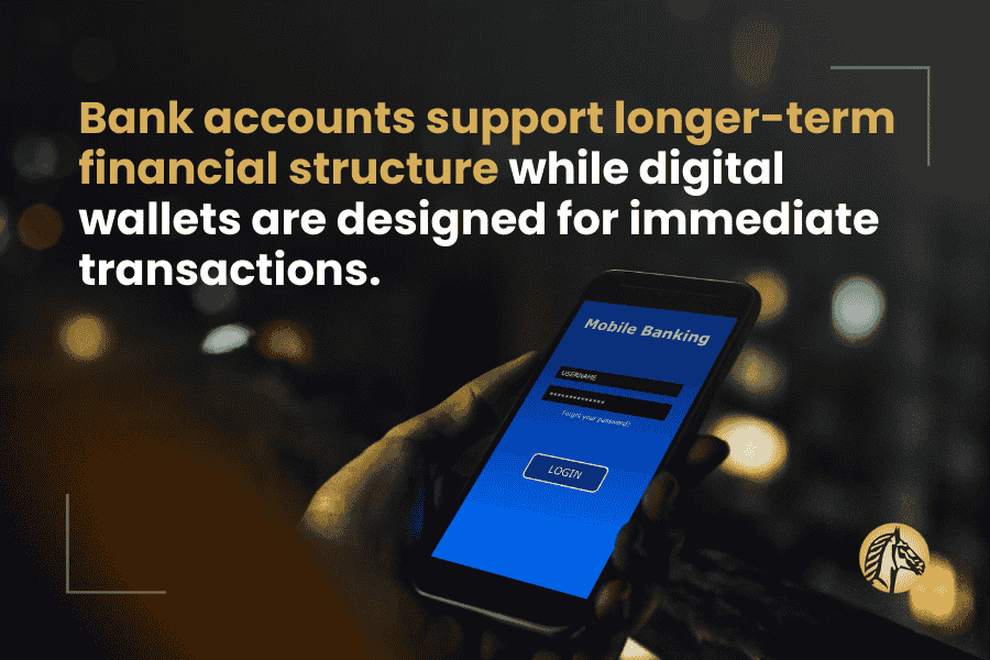 Hand holding a smartphone with a mobile banking login screen, symbolizing long term financial structure through bank accounts versus immediate transactions via digital wallets