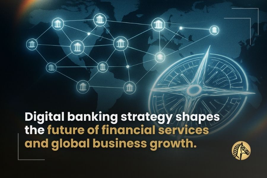 World map with interconnected bank icons and a compass overlay, representing digital banking strategy shaping global financial services and international business growth